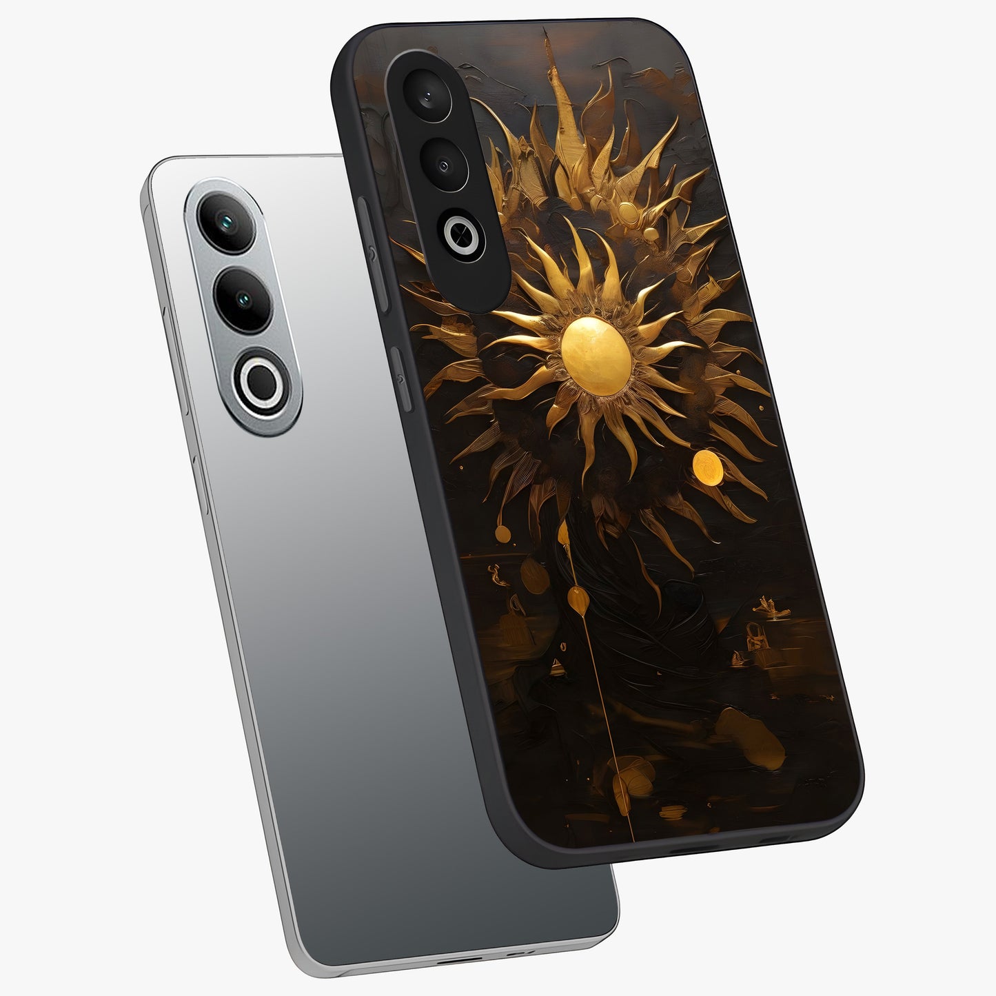 Golden Sun Majesty Glass Case for 1+Nord CE 4 angled mockup showcasing glossy finish and warm celestial gradients