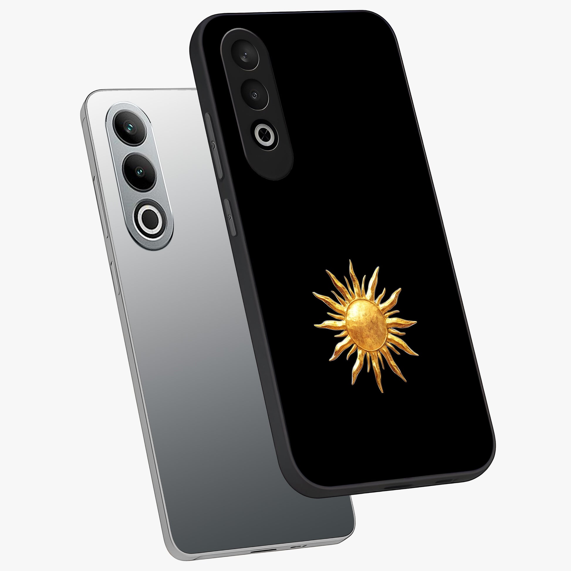 Golden Sun Minimalism Glass Case for 1+Nord CE 4 angled mockup showcasing glossy finish and subtle warm tones