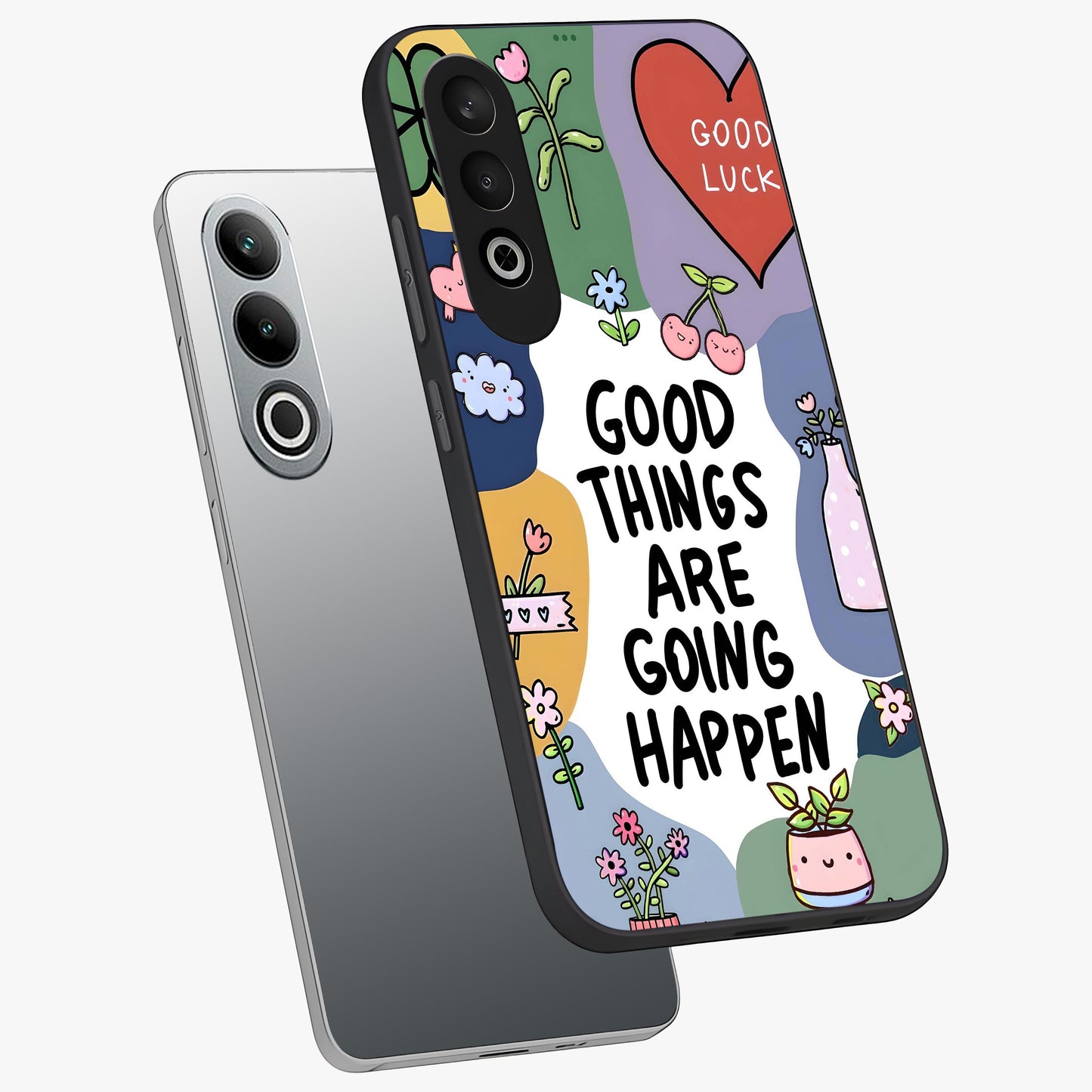 Good Thing Quote Glass Case for 1+Nord CE 4 angled mockup showcasing glossy finish and clean modern design