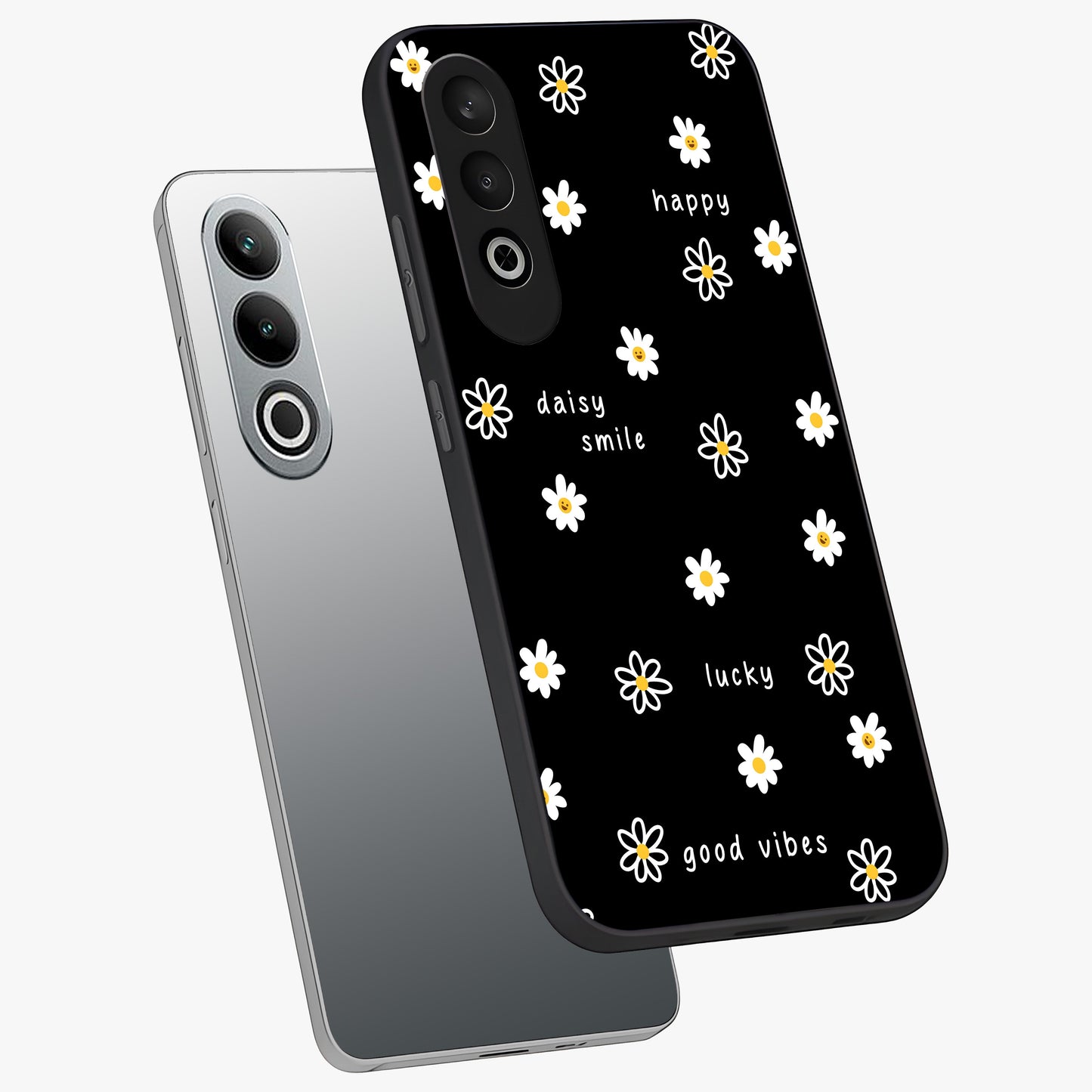 Good Vibes Daisy Black Pattern Glass Case for 1+Nord CE 4 angled mockup showcasing glossy finish and bold floral contrast