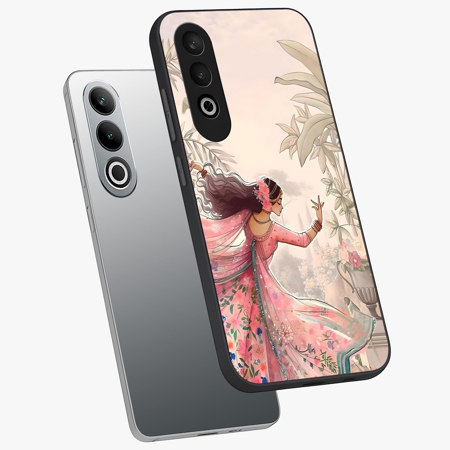 Graceful Garden Rhythm Glass Case for 1+Nord CE 4 angled mockup showcasing glossy glass finish and soft bloom detailing