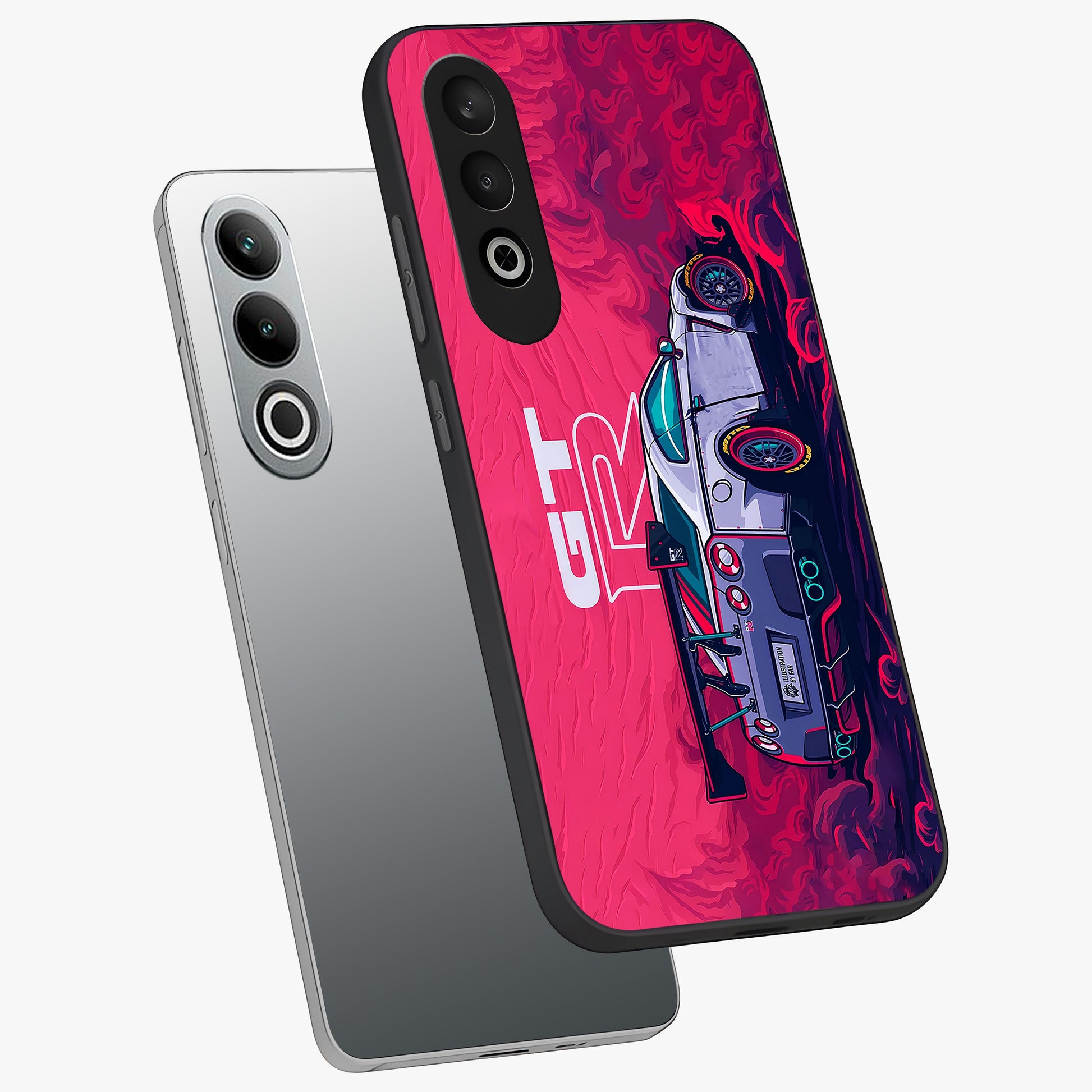 Gt R Car Pattern Glass Case for 1+Nord CE 4 angled mockup showcasing glossy finish and sporty detailing