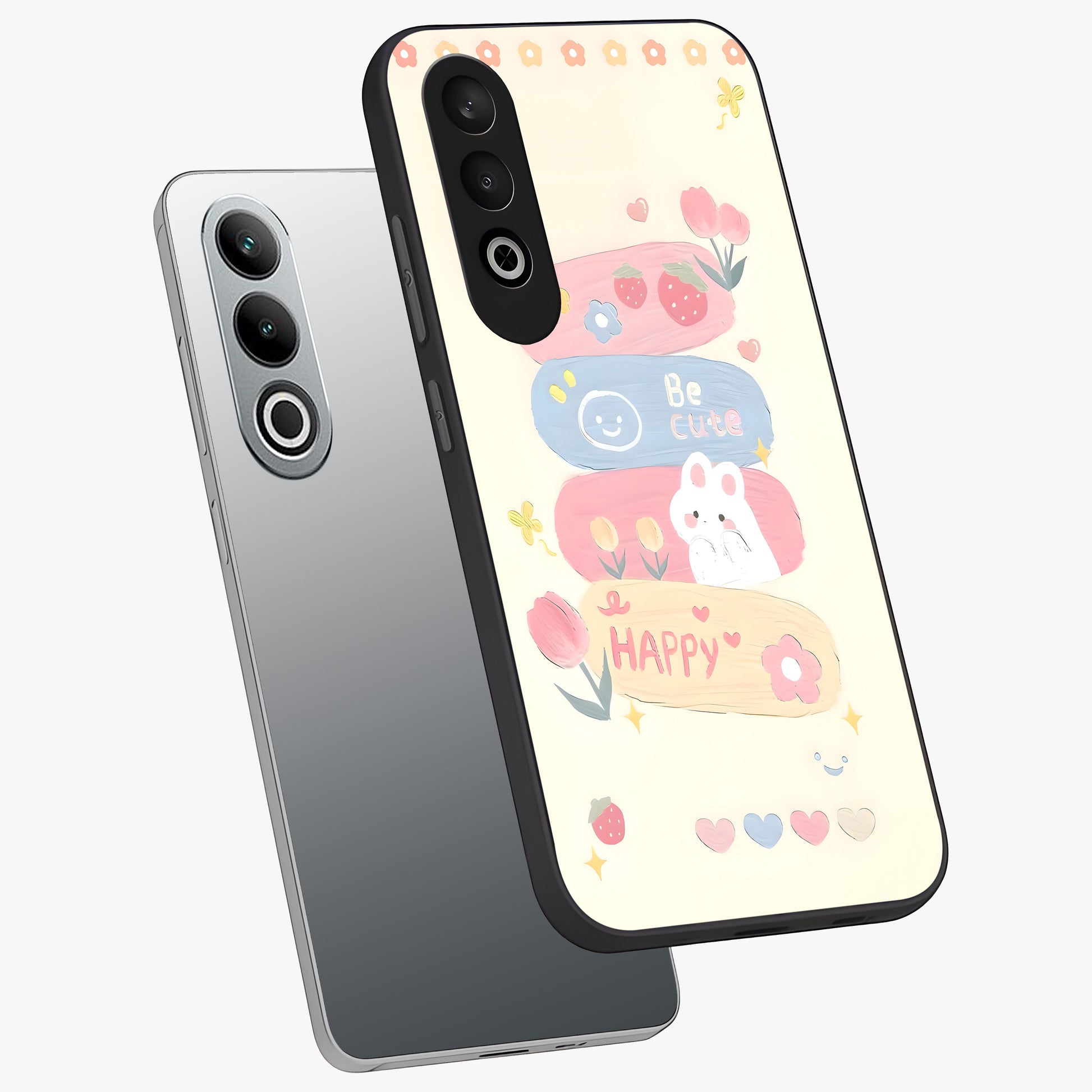 Happy Cute Bunny Glass Case for 1+Nord Ce 4 angled mockup showcasing glossy finish and soft pastel tones