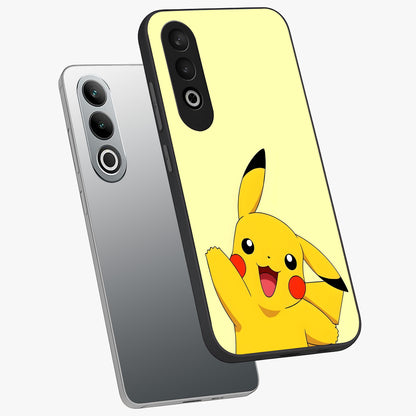 Happy Electric Pikachu Glass Case for 1+Nord CE 4 angled mockup showcasing glossy finish and vibrant yellow tones