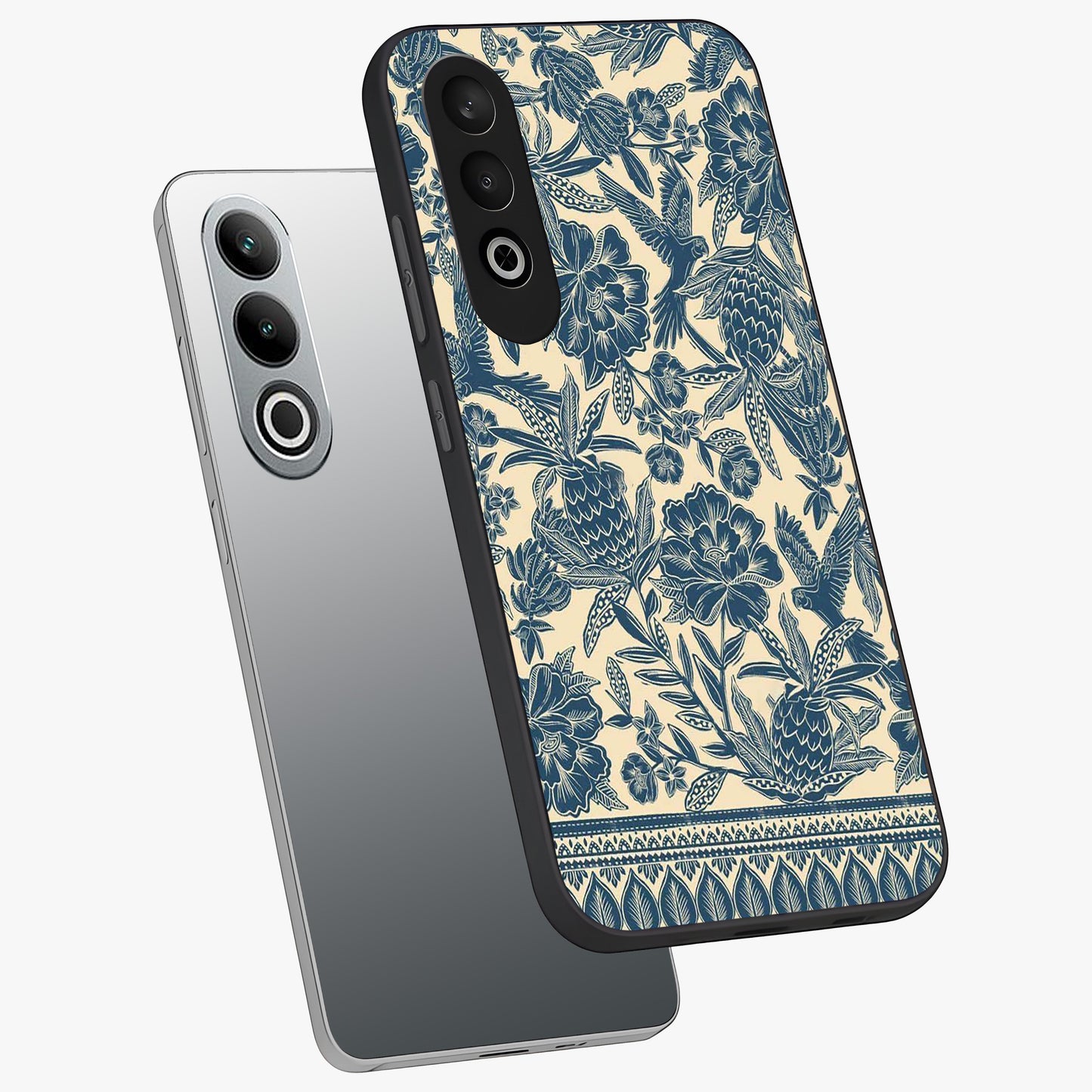 Heirloom Wild Bloom Glass Case for 1+Nord CE 4 angled mockup showcasing glossy finish and rich botanical textures