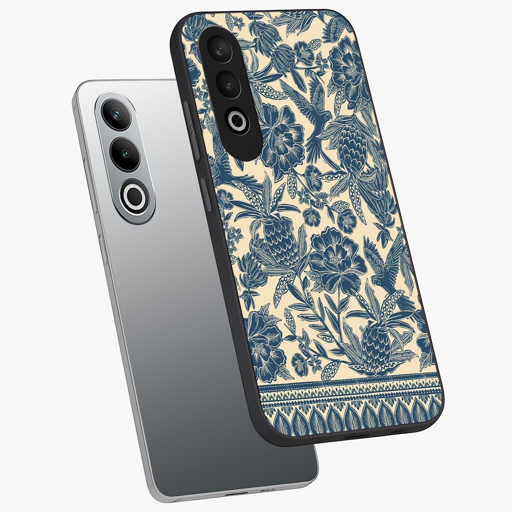 Heirloom Wild Bloom Glass Case for 1+Nord CE 4 angled mockup showcasing glossy finish and rich botanical textures