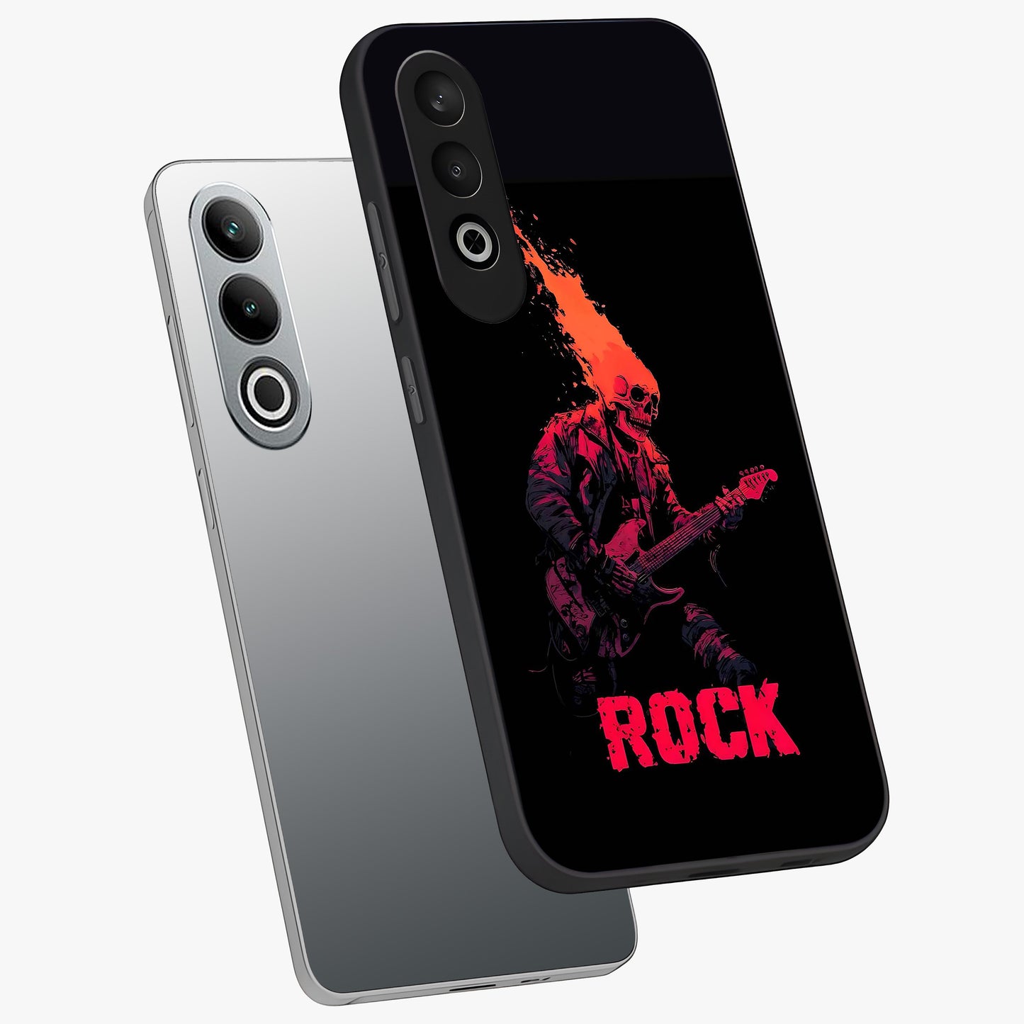 Hellfire Rock Anthem Glass Case for 1+Nord CE 4 captured at a warm angle highlighting bold flame tones, gloss, and edge clarity.