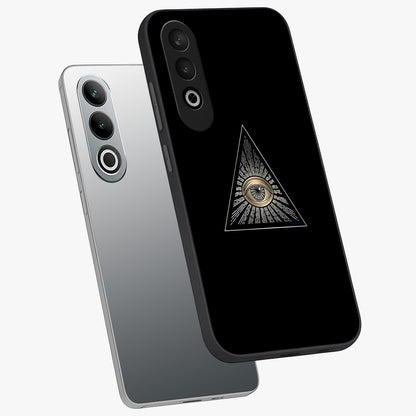 Illuminati Evil Glass Case for 1+Nord CE 4 captured at a warm angle highlighting sharp graphic details, gloss, and edge clarity.