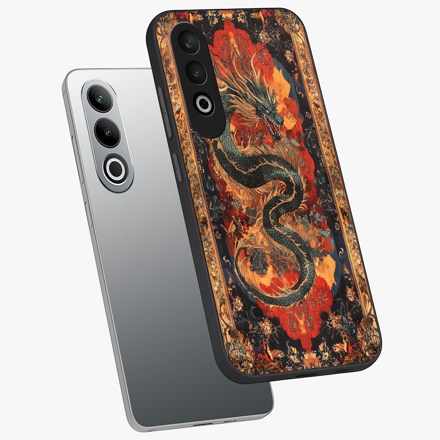 Inferno Dragon Soul Glass Case for 1+Nord CE 4 captured at a warm angle highlighting fierce fire tones, gloss, and edge clarity.