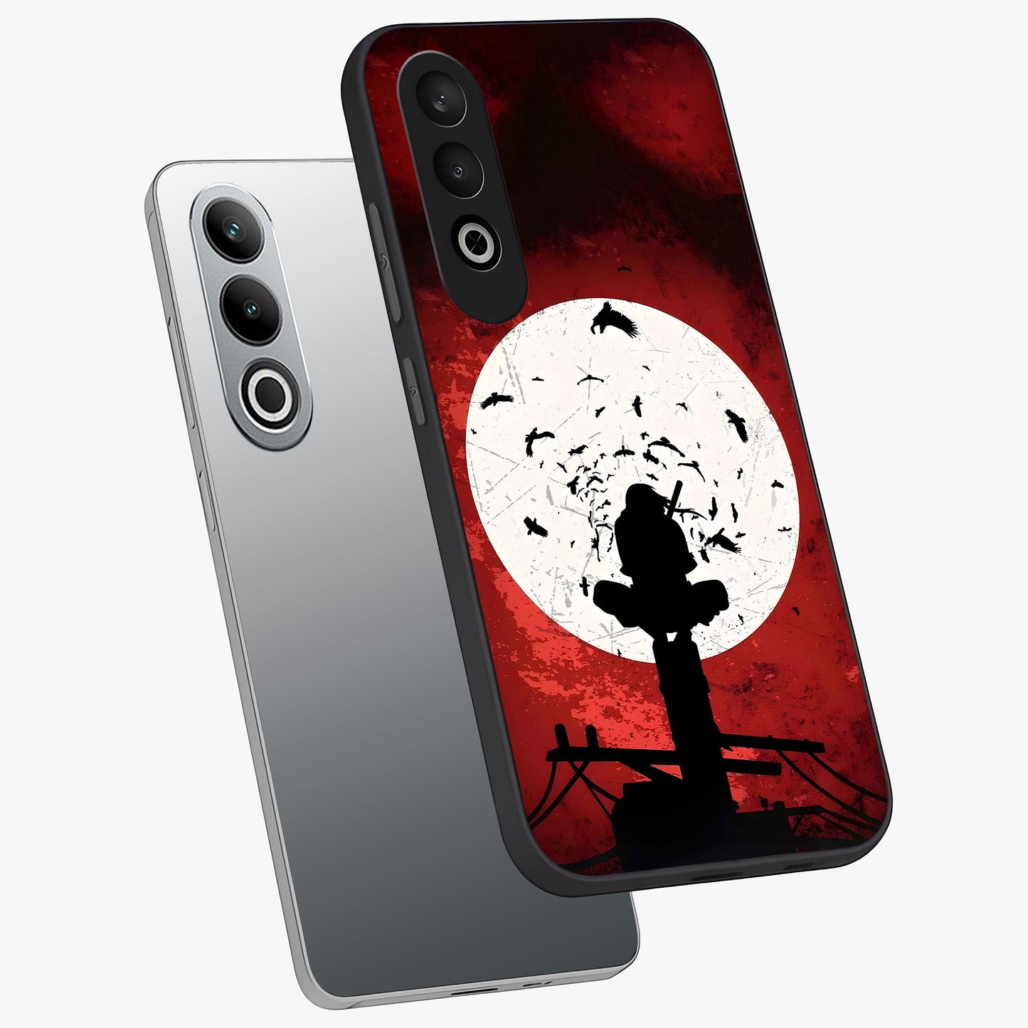 Itachi Limited Edition Naruto Anime Case Glass Case for 1+Nord CE 4 angled mockup showcasing glossy glass finish and dramatic red tones