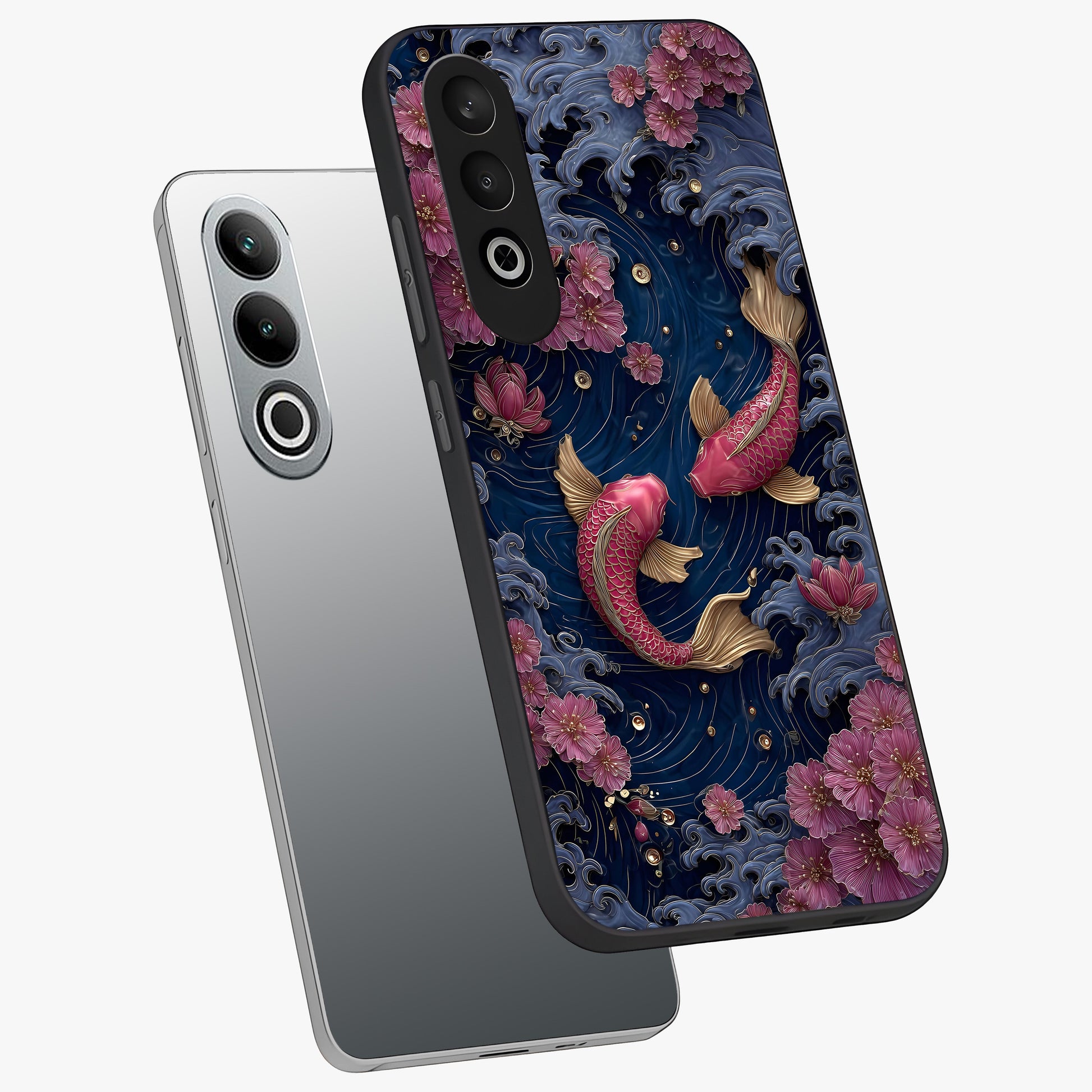 Koi Wave Dance Glass Case for 1+Nord CE 4 angled mockup showcasing glossy finish and vibrant aquatic tones