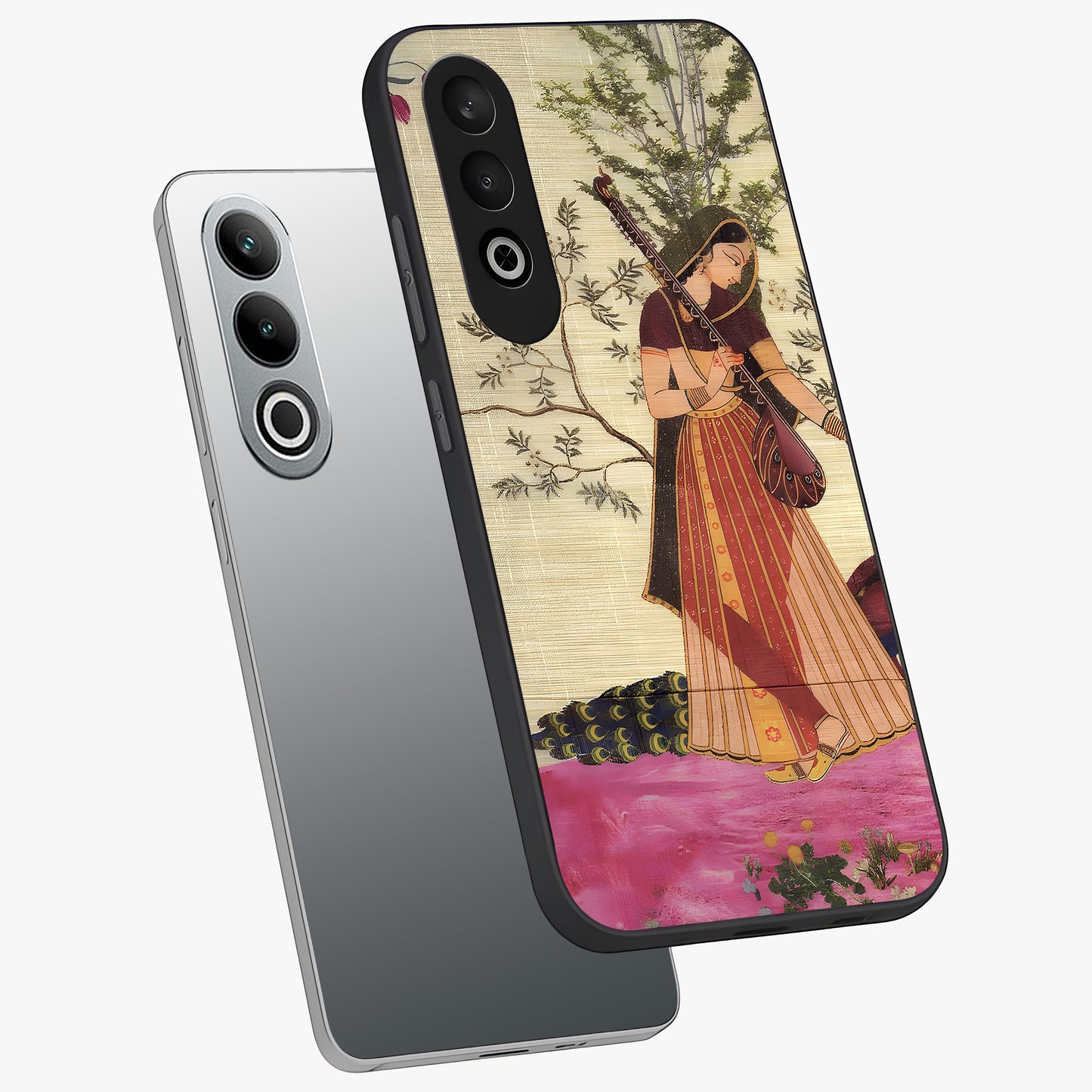 Lady With Veena Art Glass Case for 1+Nord CE 4 angled mockup showcasing glossy finish and refined artistic detailing