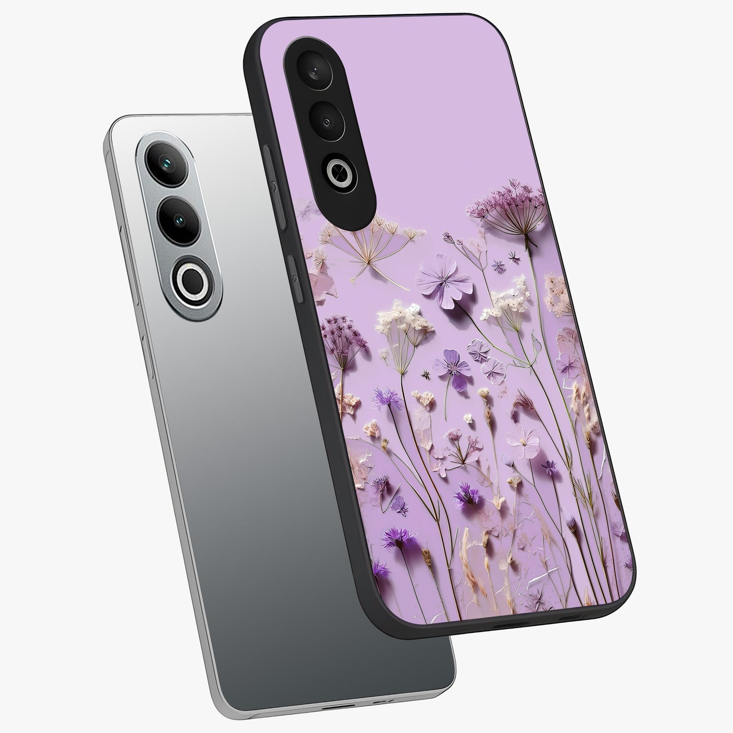 Lavender Blossom Dream Glass Case for 1+Nord CE 4 angled mockup showcasing glossy finish and pastel purple tones