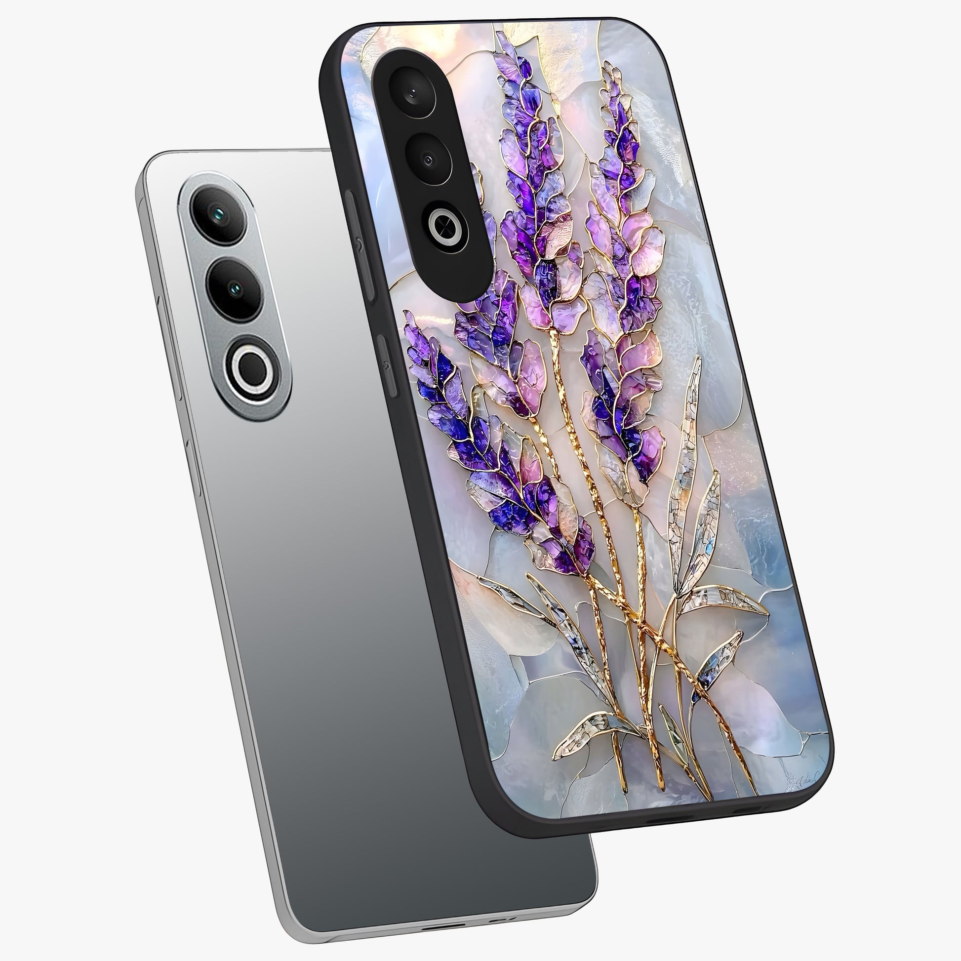 Lavender Dream Glow Glass Case for 1+Nord CE 4 angled mockup showcasing glossy finish and luminous purple gradients