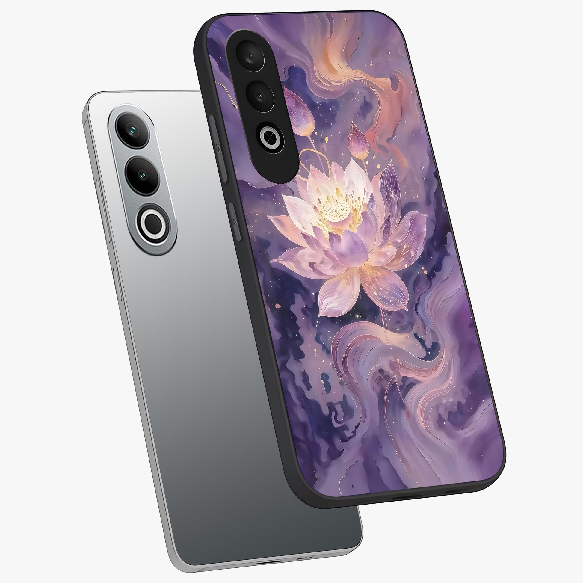 Lavender Lotus Muse Glass Case for 1+Nord CE 4 angled mockup showcasing glossy finish and refined floral detailing