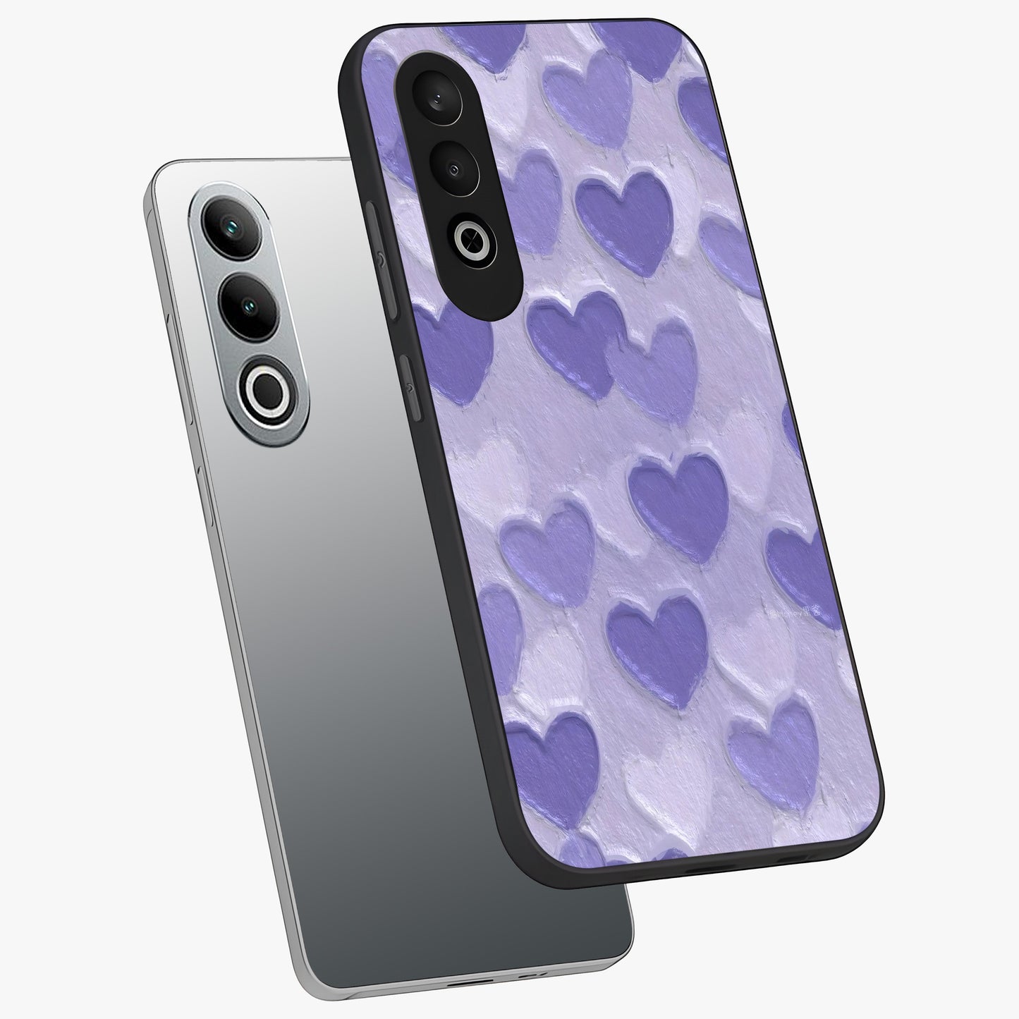 Lavender Paper Hearts Glass Case for 1+Nord CE 4 angled mockup showcasing glossy finish and playful pastel detailing