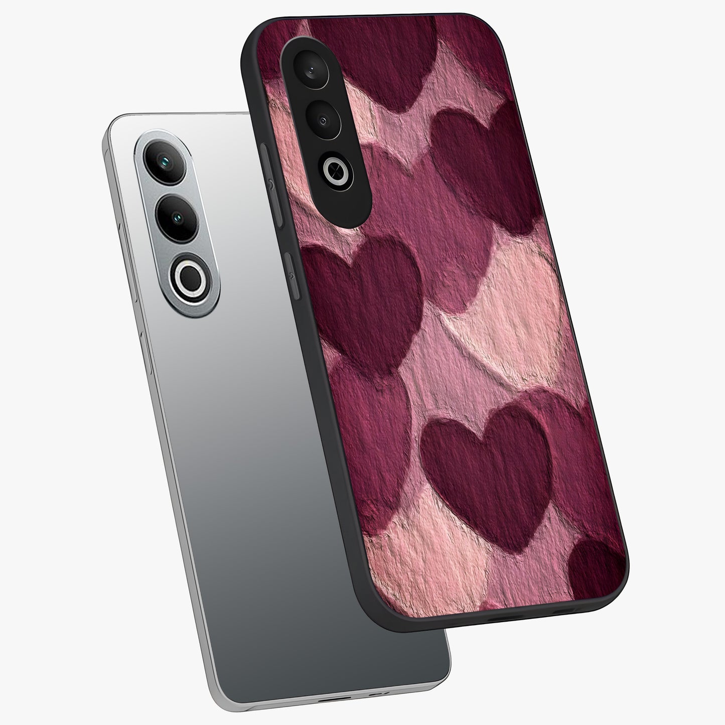 Layered Paper Hearts Glass Case for 1+Nord CE 4 angled mockup showcasing glossy finish and soft romantic tones