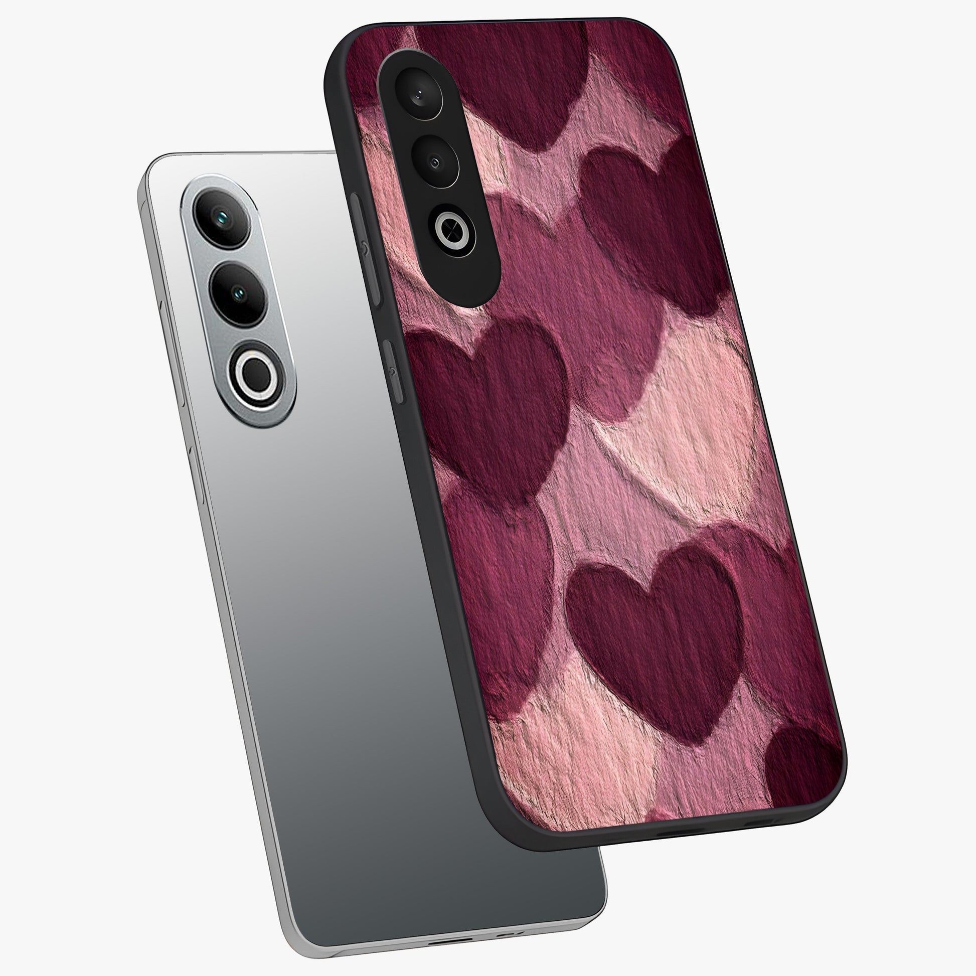 Layered Paper Hearts Glass Case for 1+Nord CE 4 angled mockup showcasing glossy finish and soft romantic tones