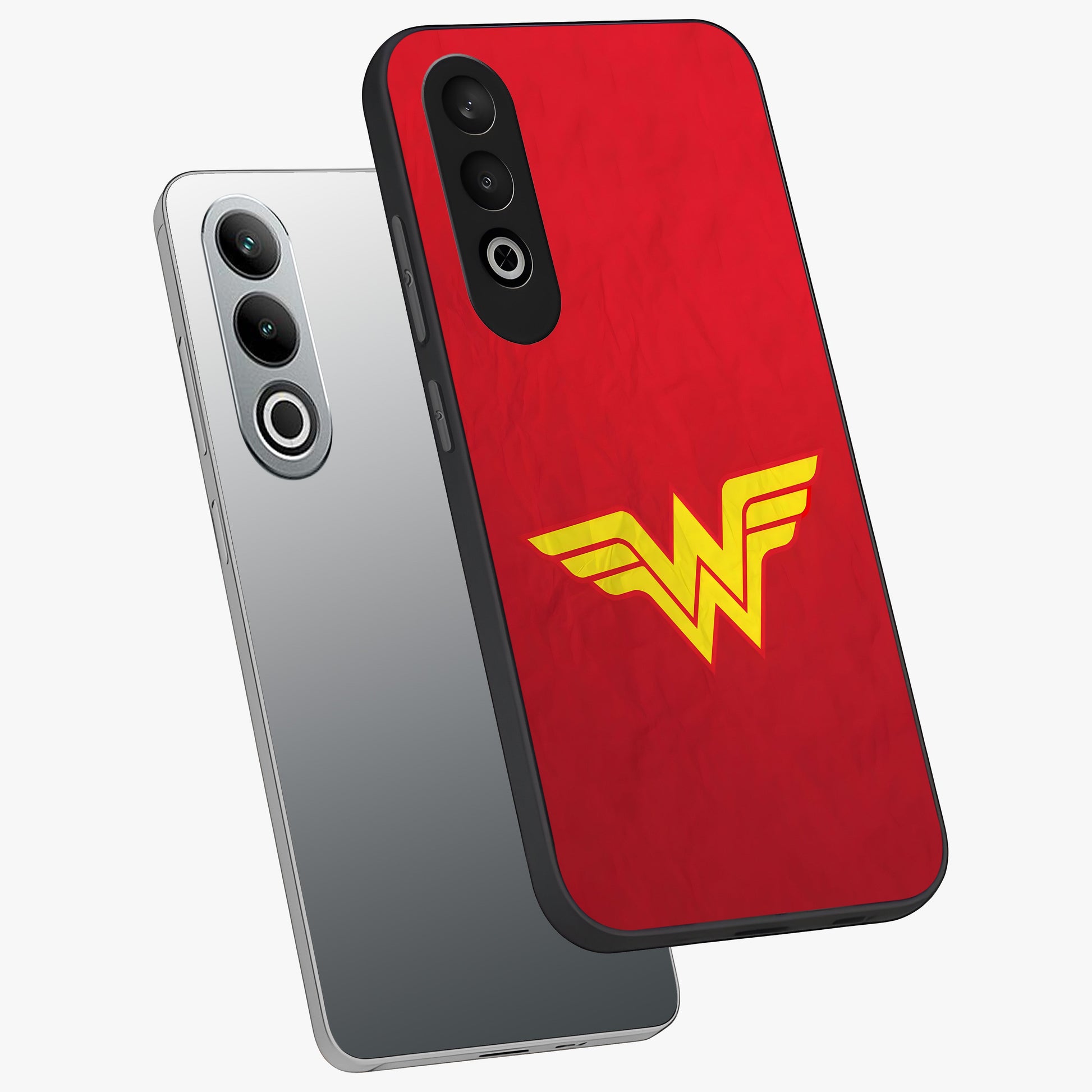 Legendary Wonder Power Glass Case for 1+Nord CE 4 angled mockup showcasing glossy finish and vibrant power tones