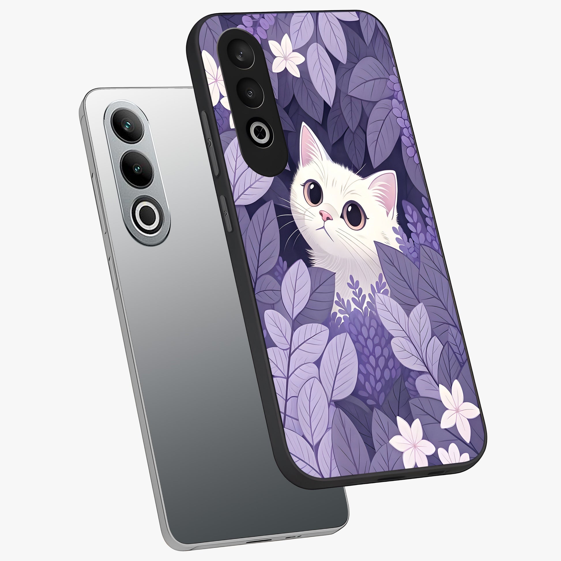 Lilac Hide Peek Cat Glass Case for 1+Nord CE 4 angled mockup showcasing glossy finish and cute character detailing