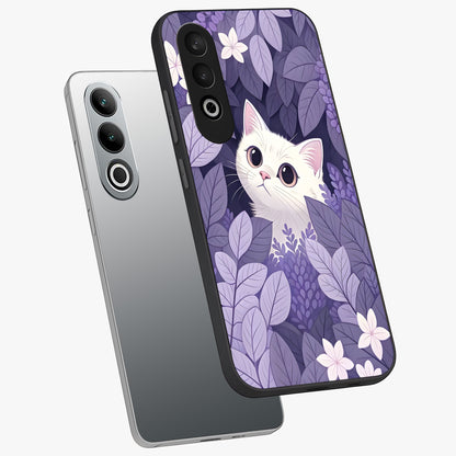 Lilac Hide Peek Cat Glass Case for 1+Nord CE 4 angled mockup showcasing glossy finish and cute character detailing