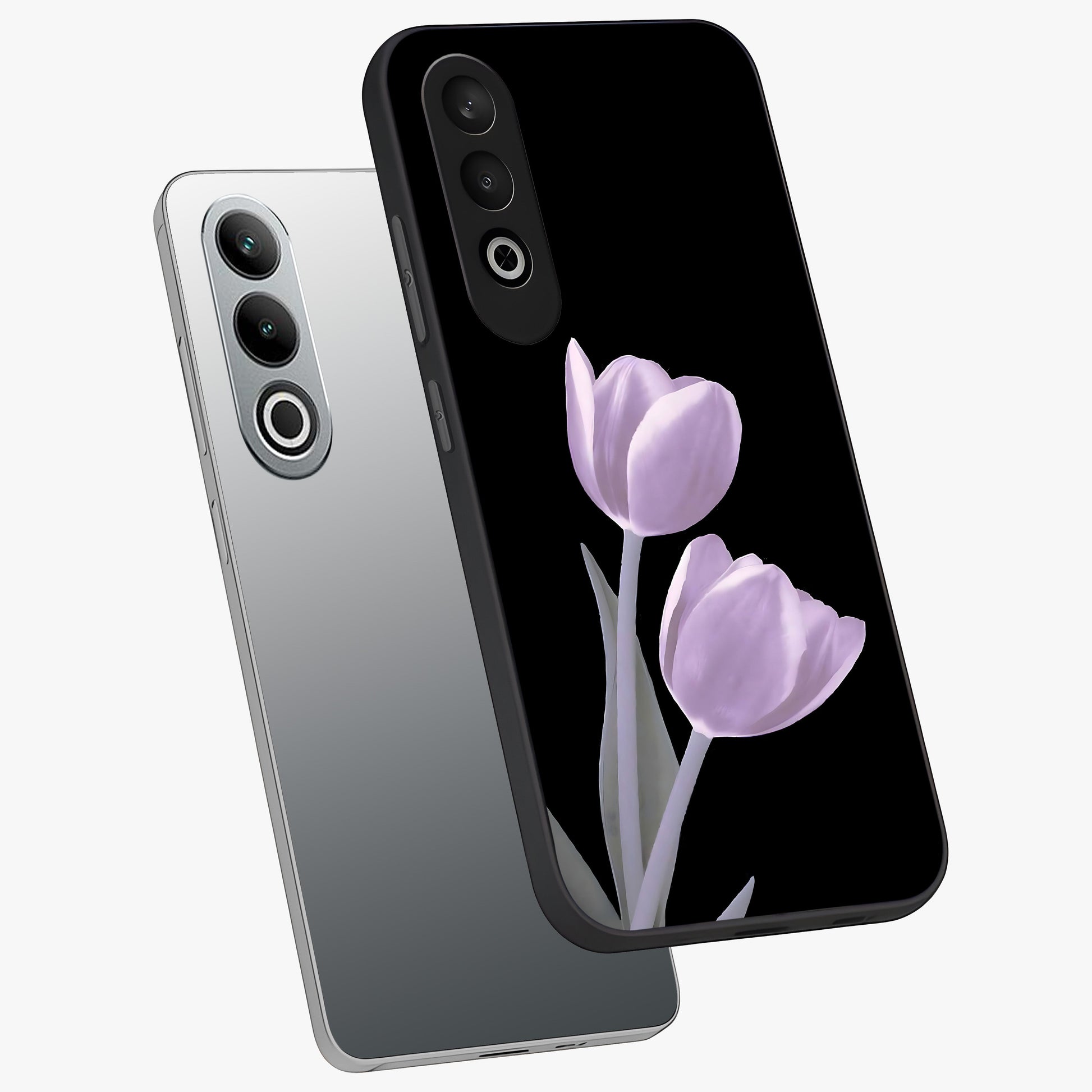 Lilac Tulip Flowers Glass Case for 1+Nord CE 4 angled mockup showcasing glossy finish and delicate bloom detailing