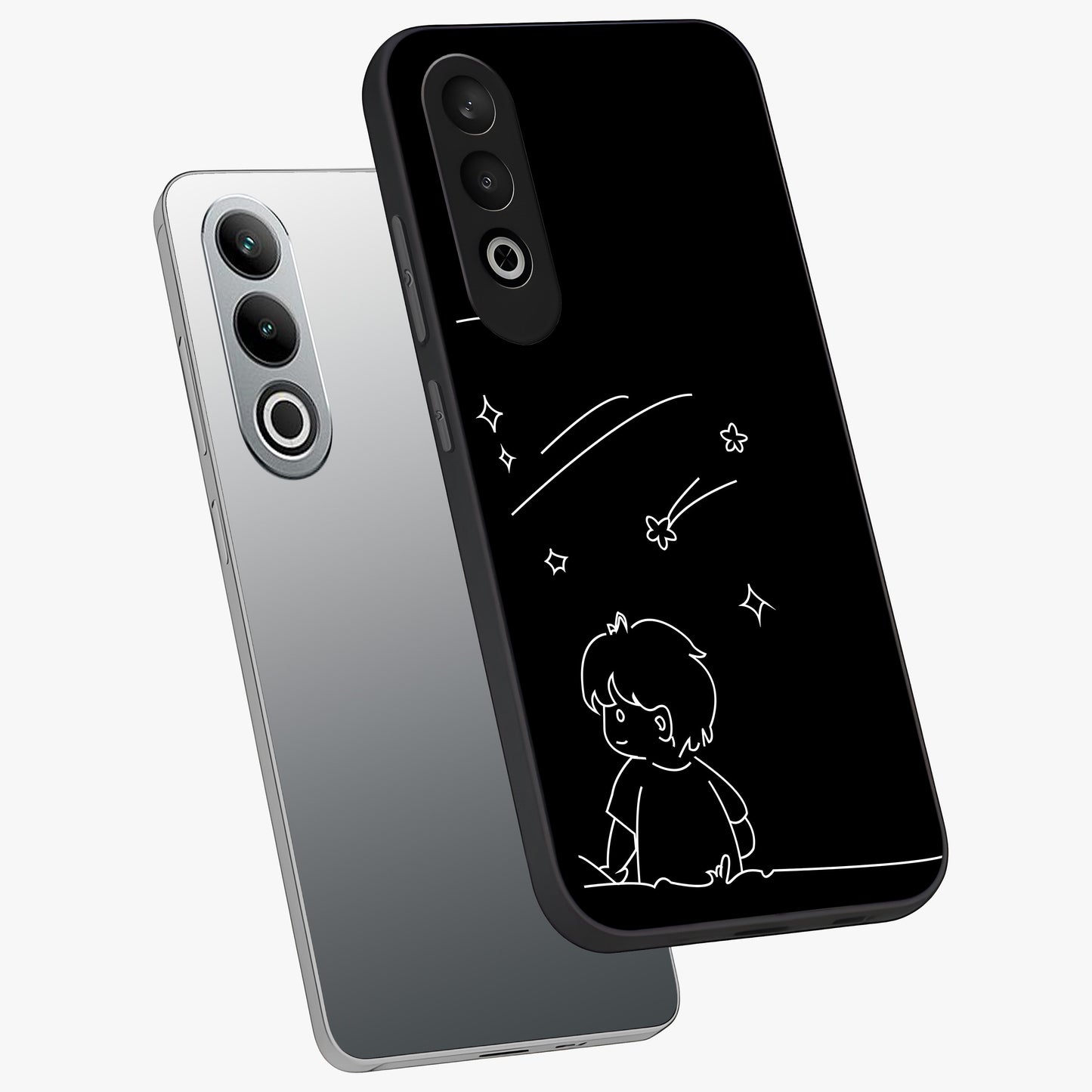 Line Art Boy With Shooting Stars Glass Case for 1+Nord CE 4 angled mockup showcasing glossy finish and clean monochrome detailing