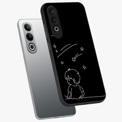 Line Art Boy With Shooting Stars Glass Case for 1+Nord CE 4 angled mockup showcasing glossy finish and clean monochrome detailing