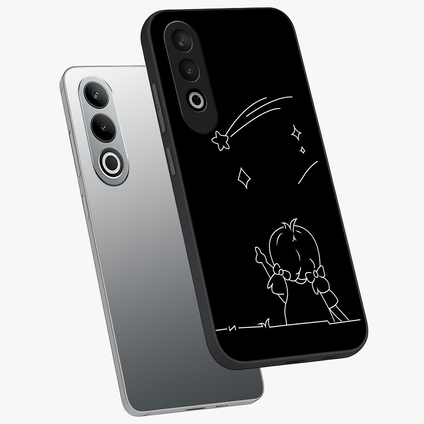 Line Art Girl With Shooting Stars Glass Case for 1+Nord Ce 4 angled mockup showcasing glossy finish and refined artistic detailing