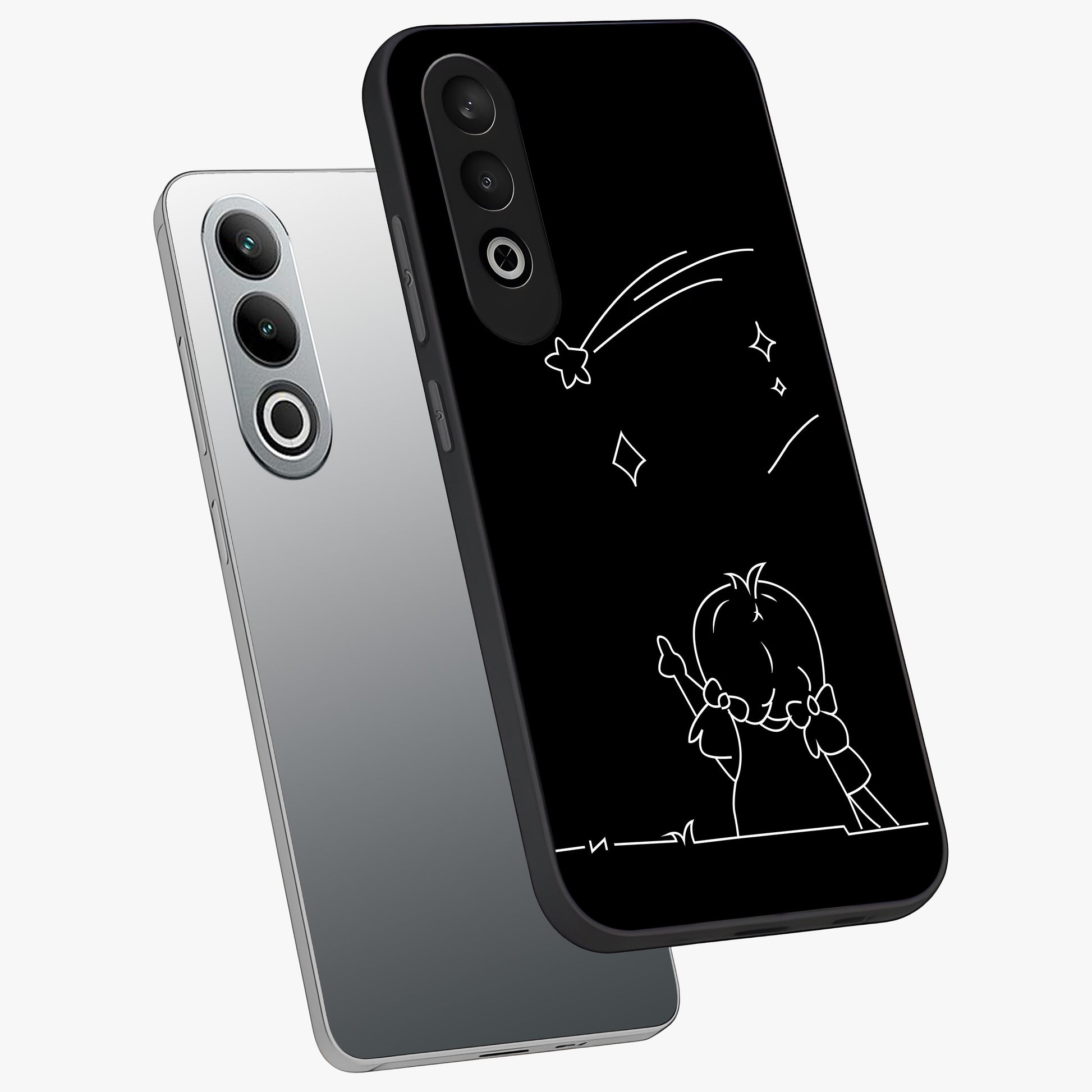 Line Art Girl With Shooting Stars Glass Case for 1+Nord Ce 4 angled mockup showcasing glossy finish and refined artistic detailing