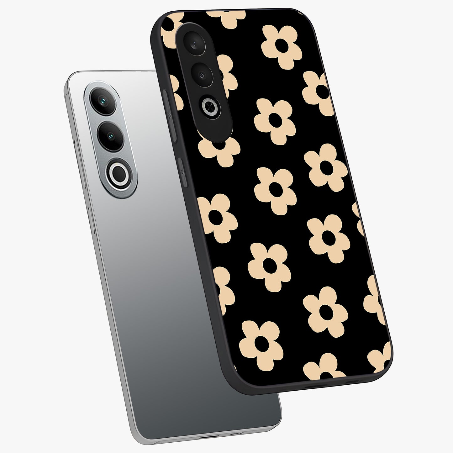 Little Daisy Flower Retro Pattern Glass Case for 1+Nord CE 4 angled mockup showcasing glossy finish and vintage bloom tones