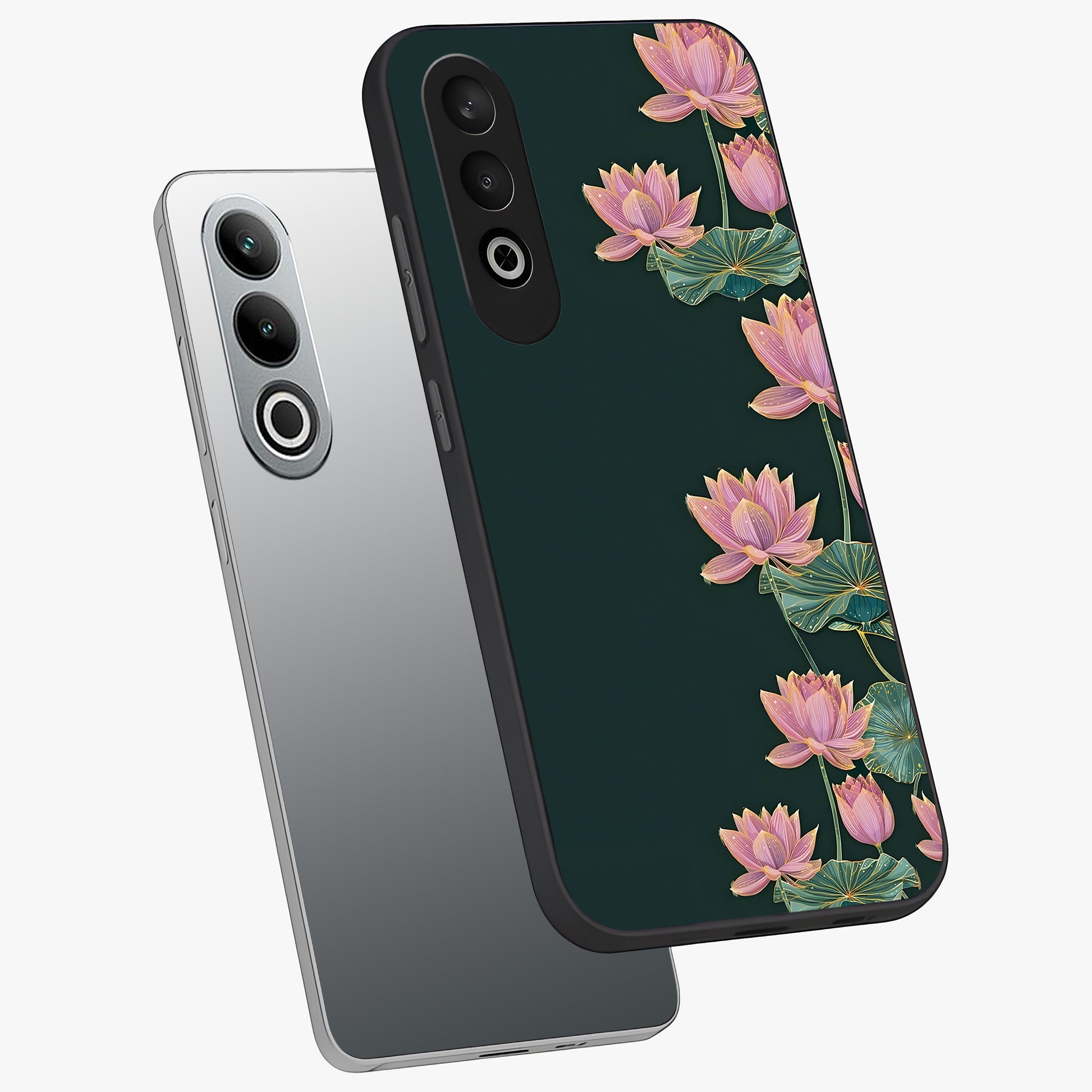Lotus Bloom Serenity Glass Case for 1+Nord CE 4 angled mockup showcasing glossy glass finish and calming tones