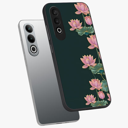 Lotus Bloom Serenity Glass Case for 1+Nord CE 4 angled mockup showcasing glossy glass finish and calming tones