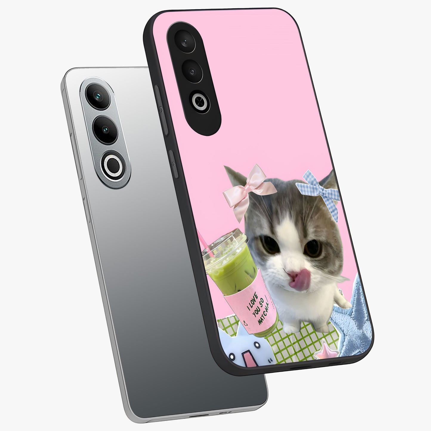 Love Matcha Cat Glass Case for 1+Nord CE 4 angled mockup showcasing glossy finish and playful pastel tones