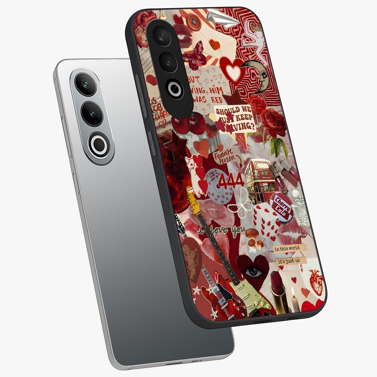 Lover’S Red Chaos Glass Case for 1+Nord CE 4 angled mockup showcasing glossy finish and dramatic crimson tones