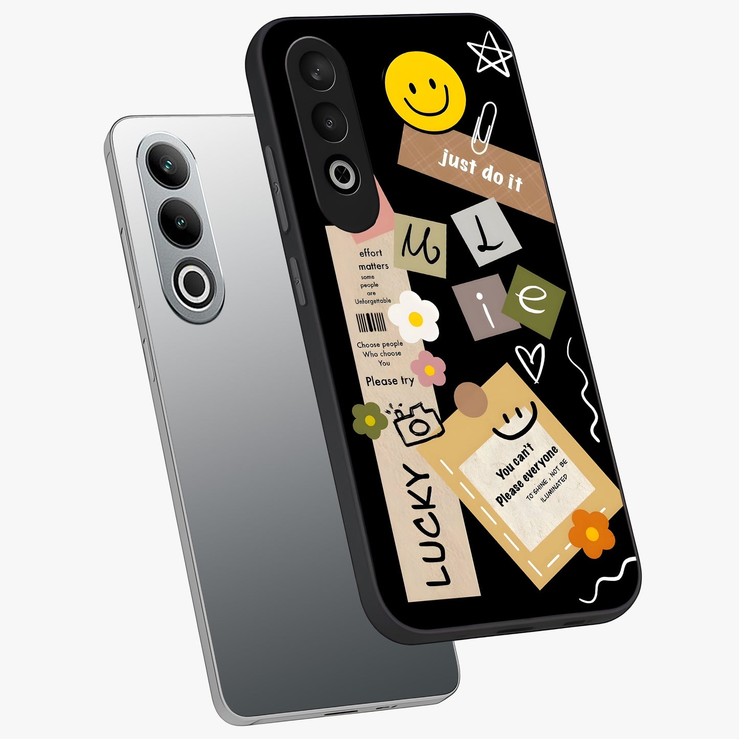 Lucky Aesthetic Collage Case Glass Case for 1+Nord CE 4 angled mockup showcasing glossy finish and colorful textures