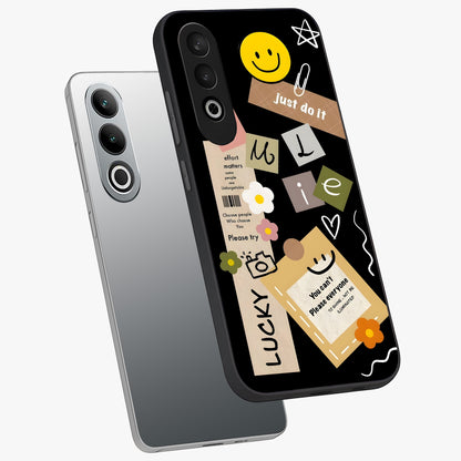 Lucky Aesthetic Collage Case Glass Case for 1+Nord CE 4 angled mockup showcasing glossy finish and colorful textures