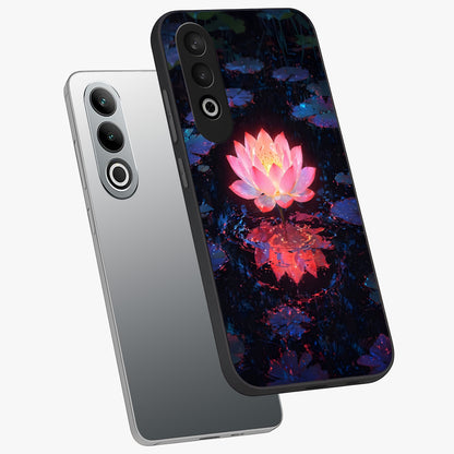 Luminous Lotus Glow Glass Case for 1+Nord CE 4 angled mockup showcasing glossy finish and warm luminous tones