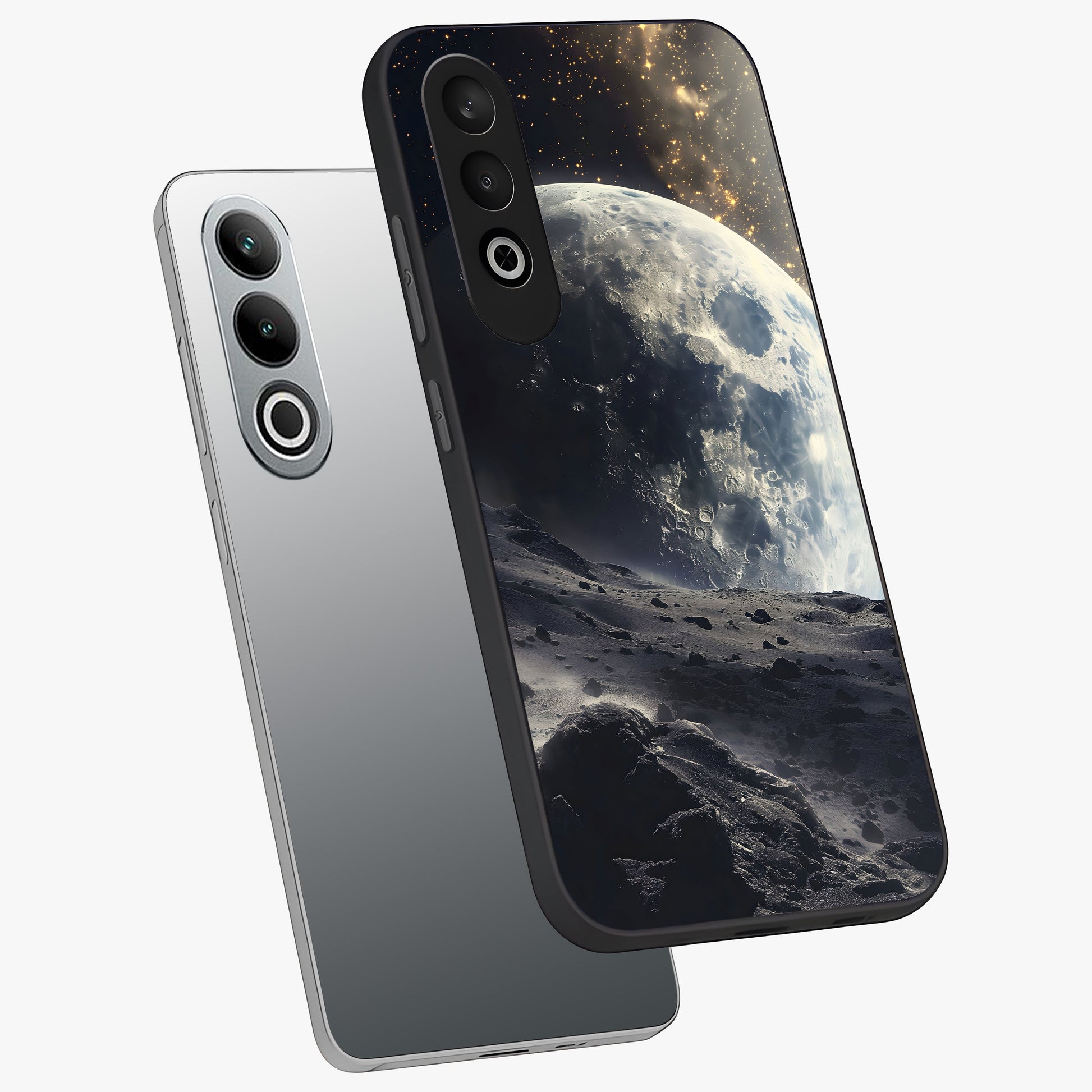 Lunar Horizon Glow Glass Case for 1+Nord CE 4 angled mockup showcasing glossy finish and warm night tones