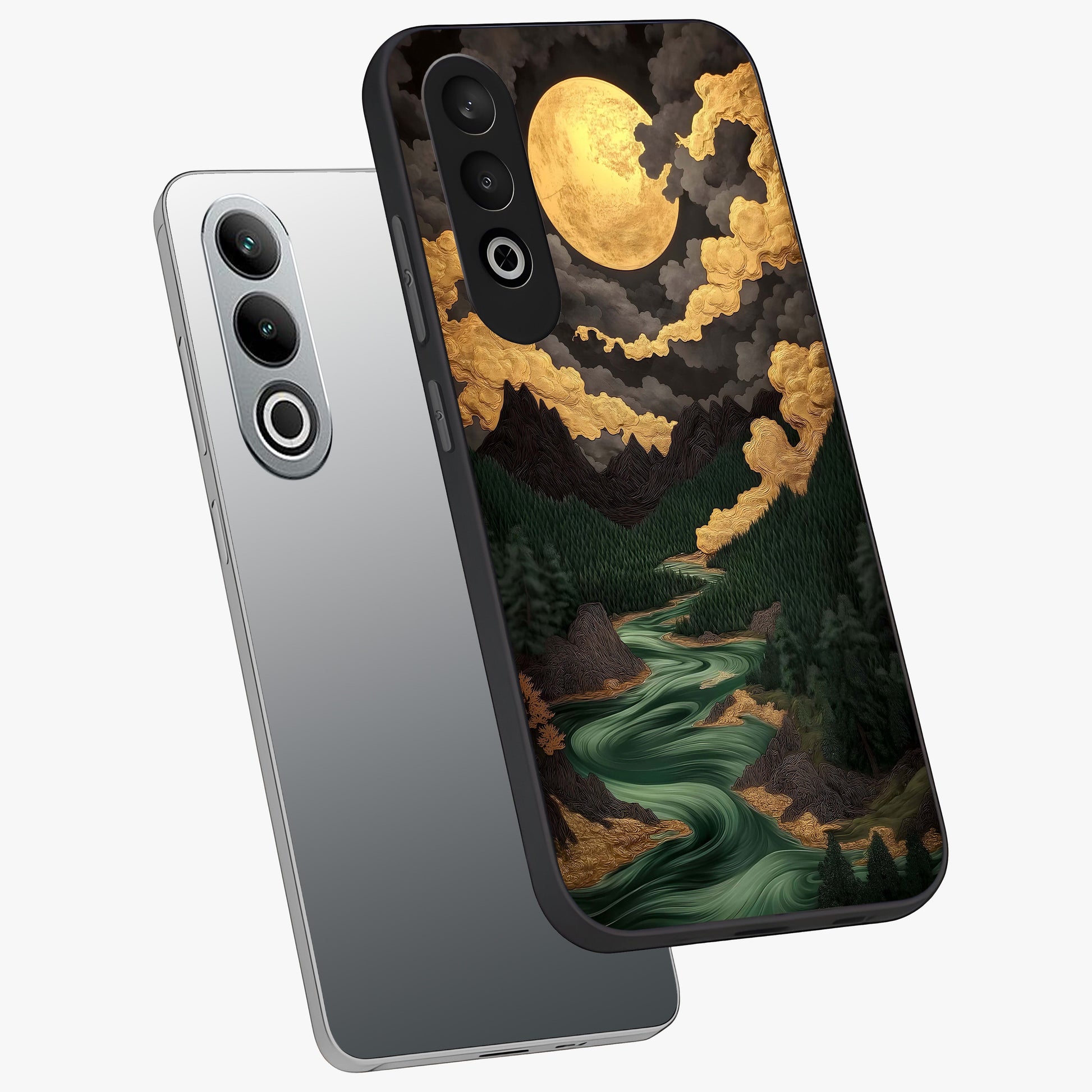 Lunar Silk Garden Glass Case for 1+Nord CE 4 angled mockup showcasing glossy glass finish and silky gradient textures