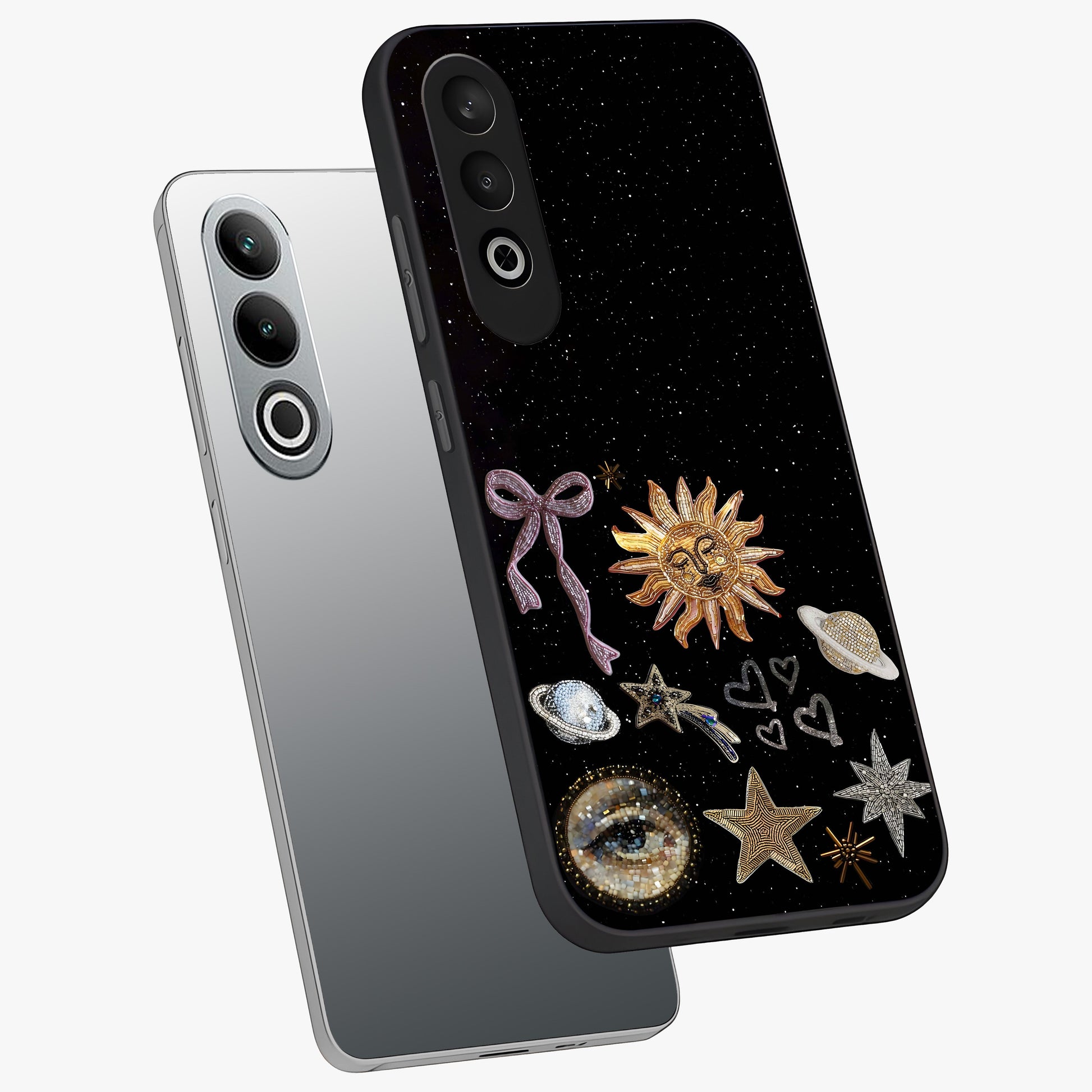Magical Jewelry Vibe Glass Case for 1+Nord CE 4 angled mockup showcasing glossy finish and sparkling detailing