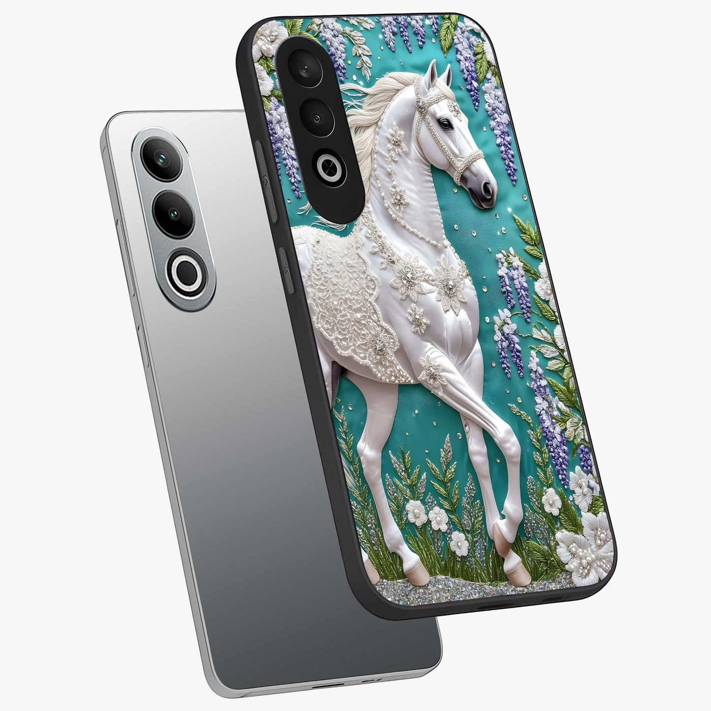 Majestic Floral Stallion Glass Case for 1+Nord CE 4 angled mockup showcasing glossy finish and vibrant artistic tones