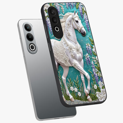Majestic Floral Stallion Glass Case for 1+Nord CE 4 angled mockup showcasing glossy finish and vibrant artistic tones