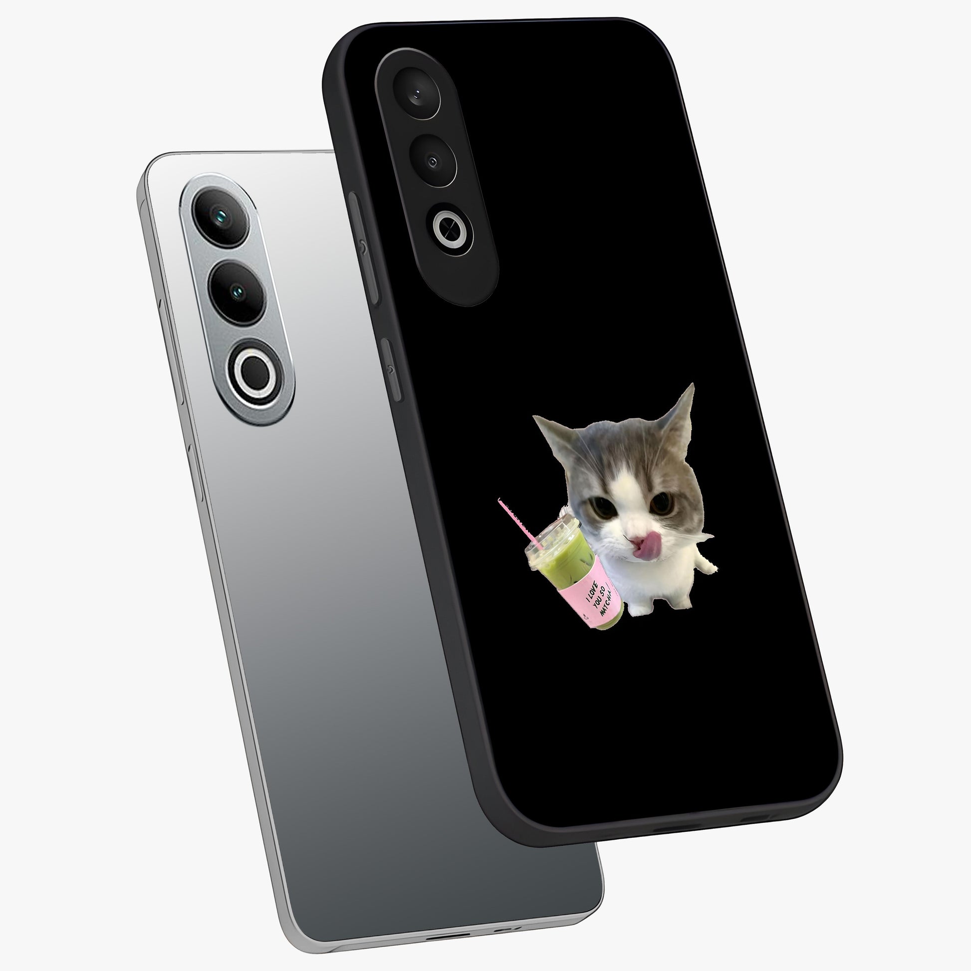 Matcha Cat Style Glass Case for 1+Nord CE 4 angled mockup showcasing glossy glass finish and playful pastel detailing