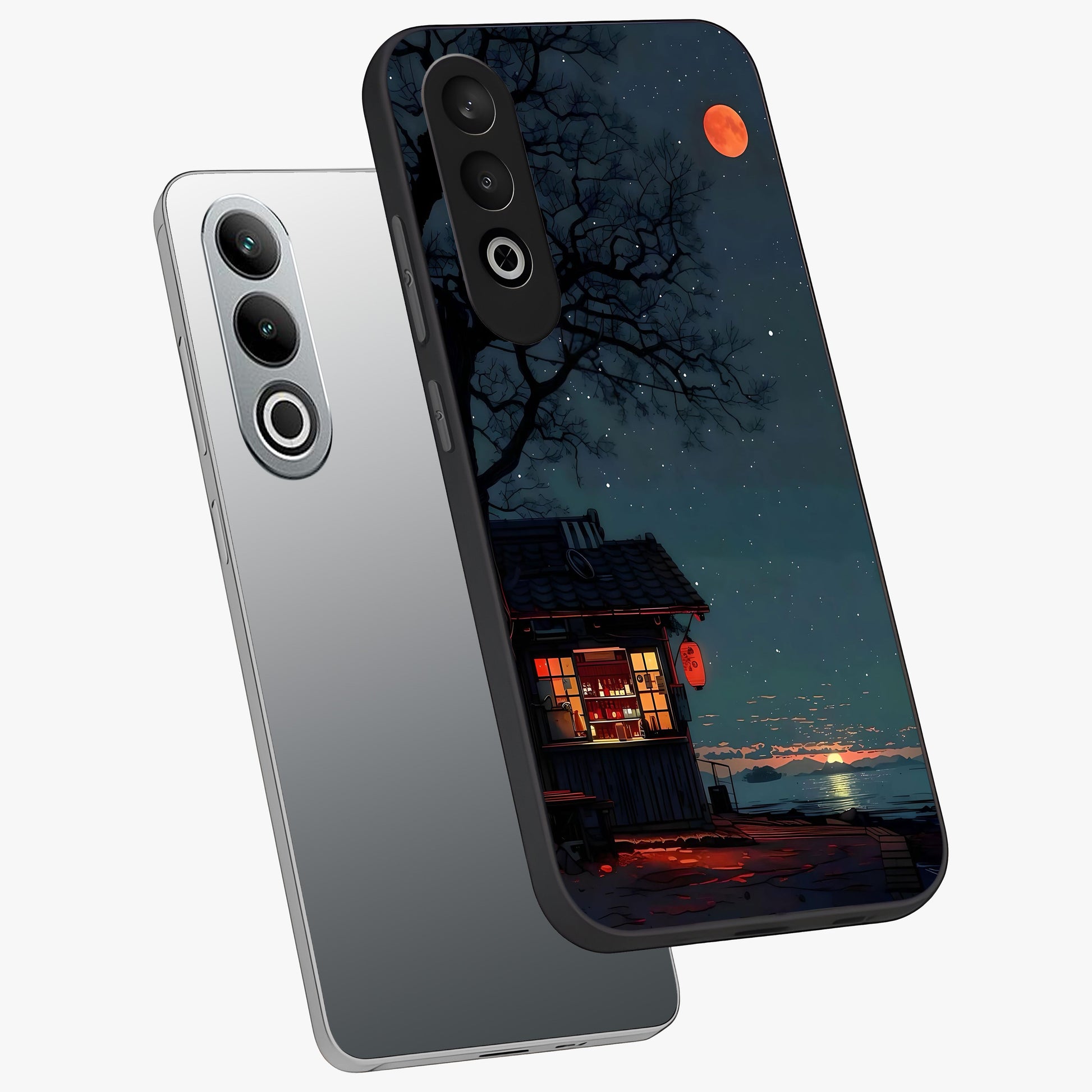 Midnight Lantern Glow Glass Case for 1+Nord CE 4 angled mockup showcasing glossy finish and warm luminous tones