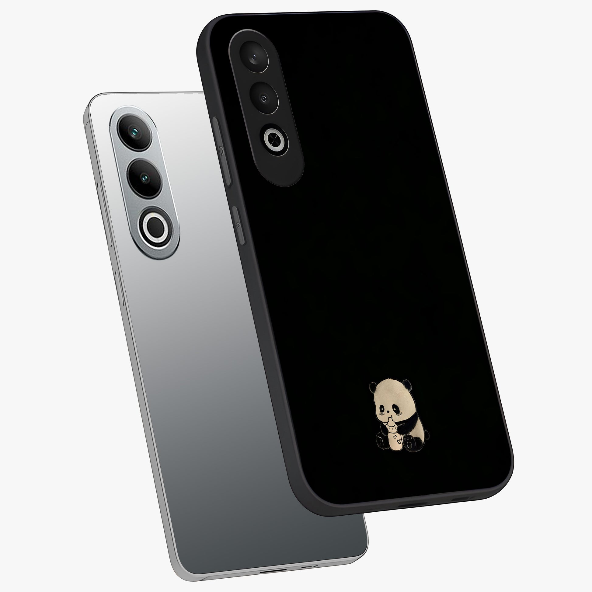 Midnight Panda Love Glass Case for 1+Nord CE 4 angled mockup showcasing glossy finish and soft contrast tones