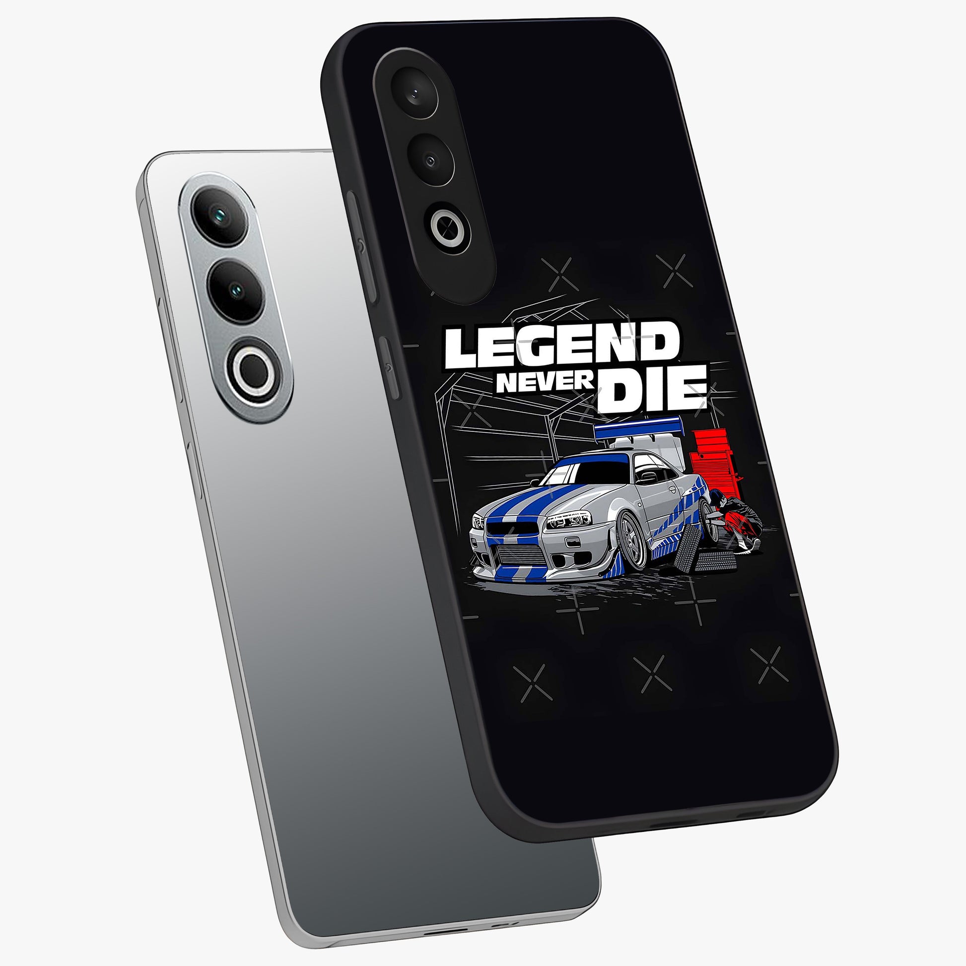 Midnight Racing Legacy Glass Case for 1+Nord CE 4 angled mockup showcasing glossy glass finish and dynamic motion detailing