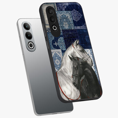 Midnight Stallion Blues Glass Case for 1+Nord CE 4 angled mockup showcasing glossy finish and dramatic equestrian detailing