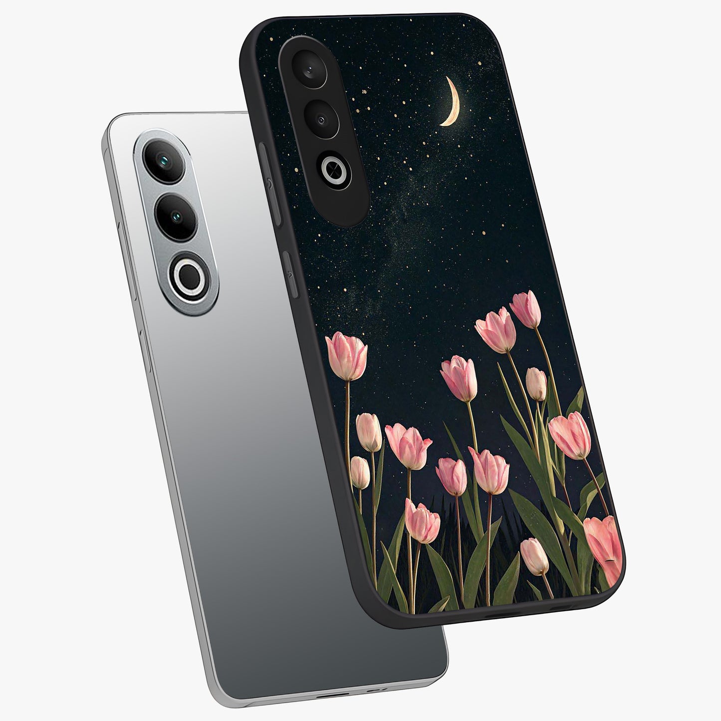 Midnight Tulip Whispers Vibe Glass Case for 1+Nord CE 4 angled mockup showcasing glossy finish and subtle bloom detailing