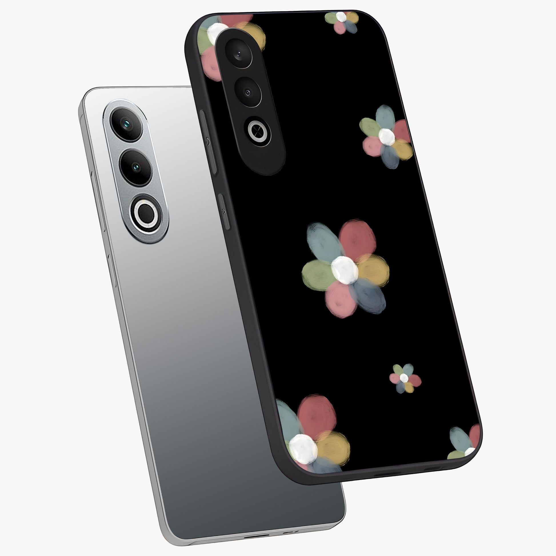 Minimal Floral Charm Glass Case for 1+Nord CE 4 angled mockup showcasing glossy finish and soft pastel tones